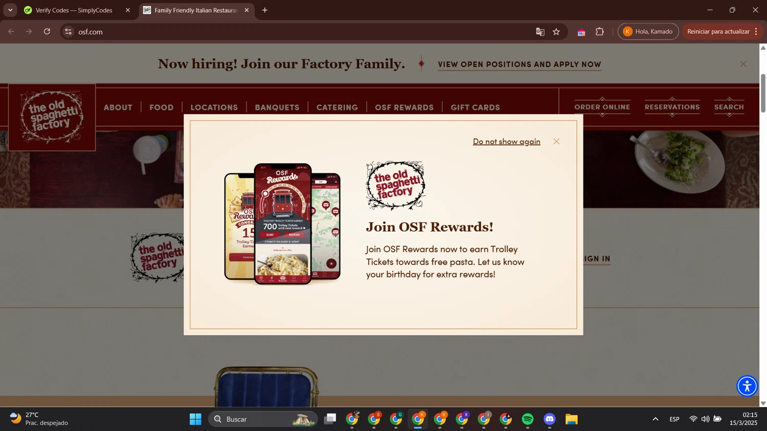The Old Spaghetti Factory promo code screenshot showing code GRANT applied at The Old Spaghetti Factory checkout page. Uploaded by SimplyCodes community member BonusCurator3058 on Mar 15, 2025