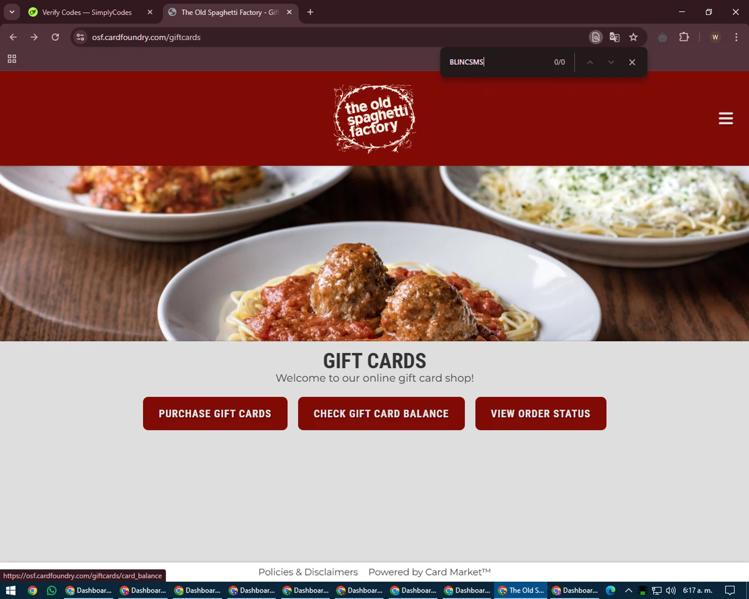 The Old Spaghetti Factory promo code screenshot showing code BLINCSMS applied at The Old Spaghetti Factory checkout page. Uploaded by SimplyCodes community member DealMaestro2101 on Mar 15, 2025