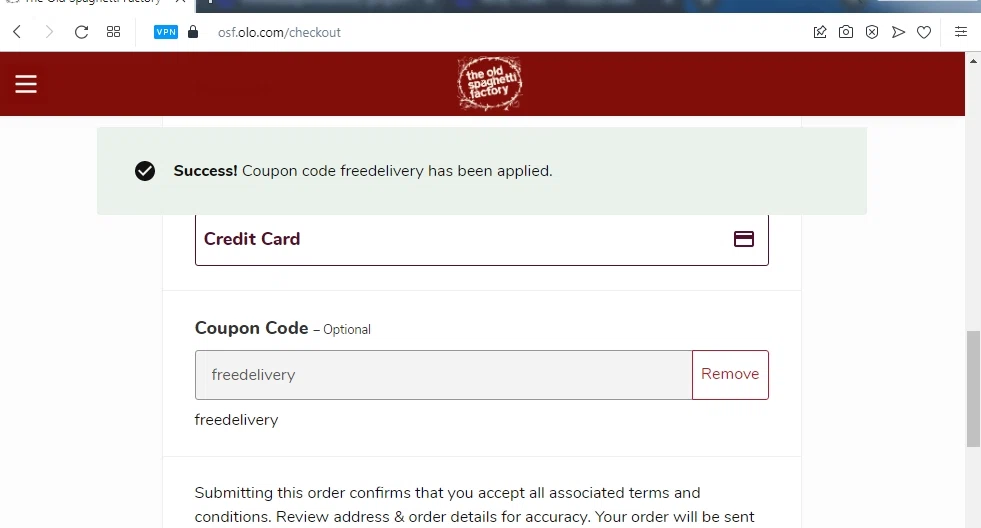 The Old Spaghetti Factory checkout page showing The Old Spaghetti Factory promo code box | Screenshot taken by SimplyCodes community member on Jul 16, 2022