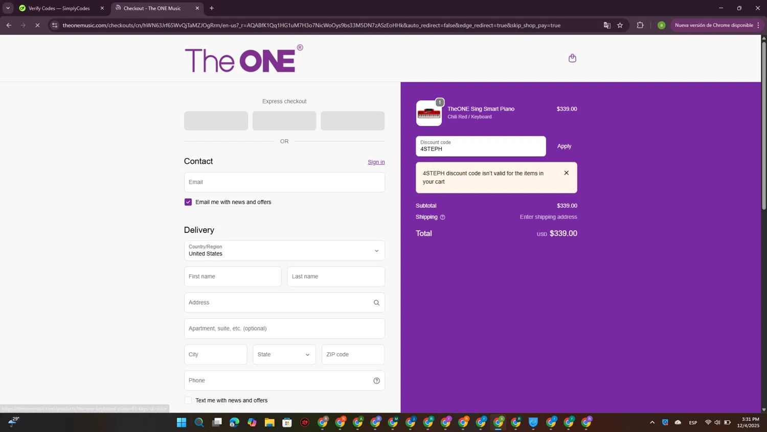 The ONE Music promo code screenshot showing code 4STEPH applied at The ONE Music checkout page. Uploaded by SimplyCodes community member DiscountSpotter1028 on Dec 4, 2025