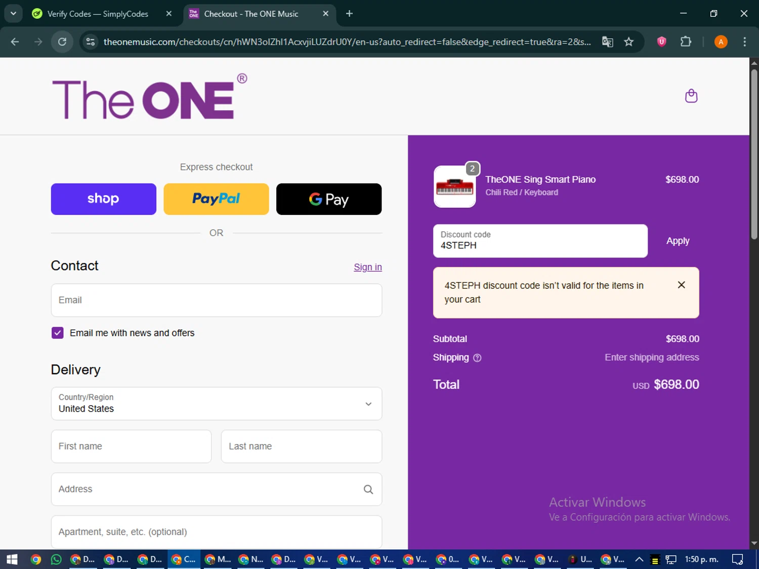 The ONE Music promo code screenshot showing code 4STEPH applied at The ONE Music checkout page. Uploaded by SimplyCodes community member MoneyPhoenix4664 on Oct 6, 2025