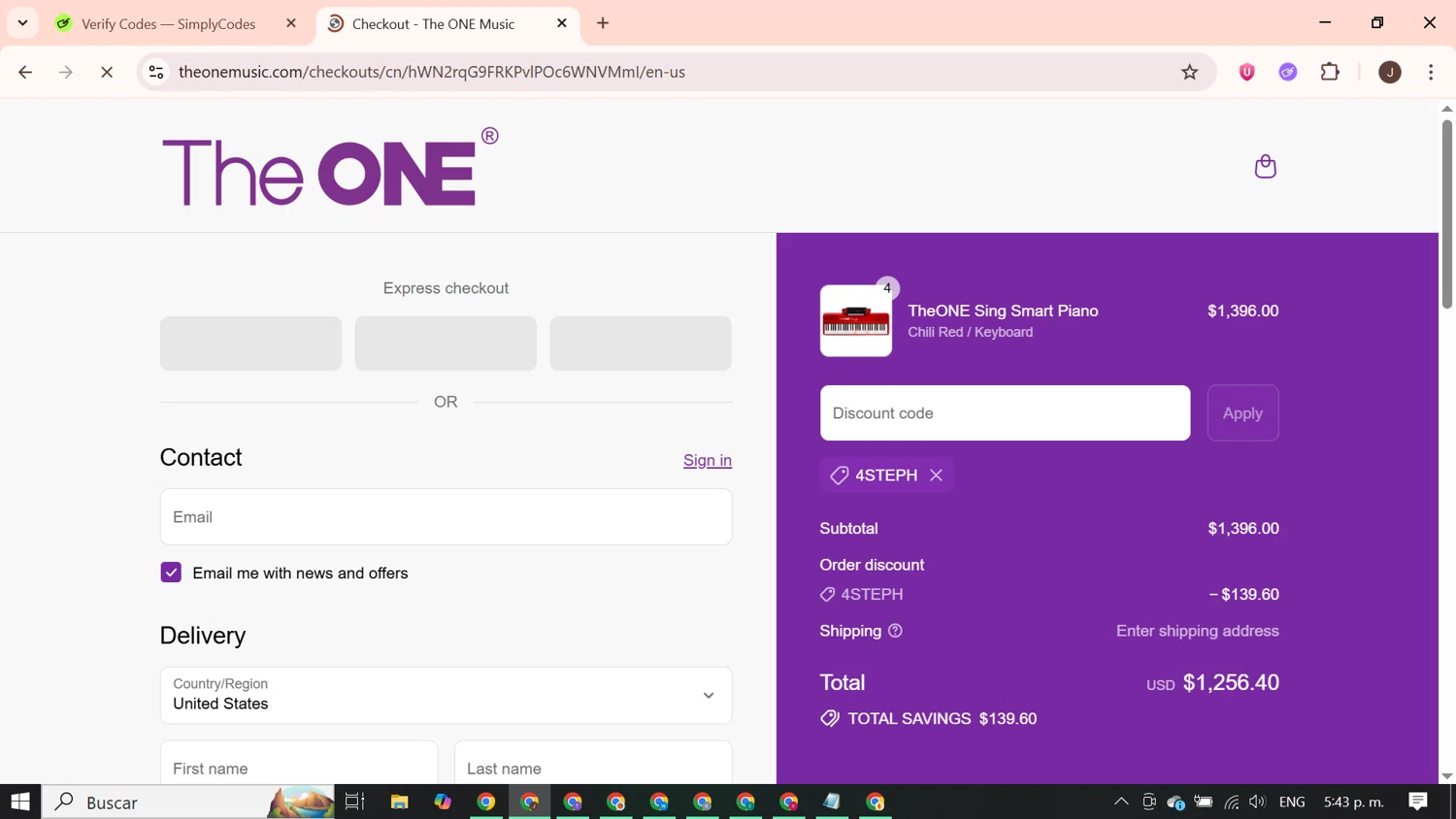 The ONE Music promo code screenshot showing code 4STEPH applied at The ONE Music checkout page. Uploaded by SimplyCodes community member PrimeGenius2371 on Sep 11, 2025