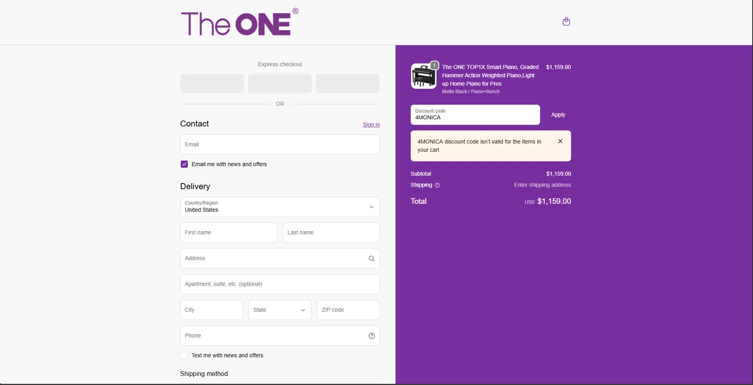 The ONE Music promo code screenshot showing code 4MONICA applied at The ONE Music checkout page. Uploaded by SimplyCodes community member CouponFalcon9871 on Oct 2, 2025
