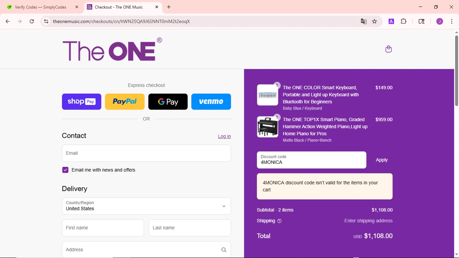 The ONE Music promo code screenshot showing code 4MONICA applied at The ONE Music checkout page. Uploaded by SimplyCodes community member NobleSaver3560 on Aug 22, 2025