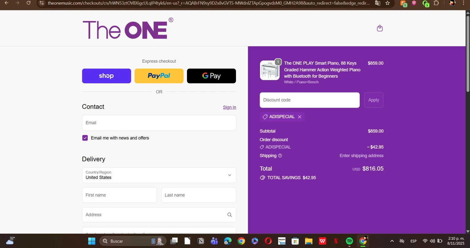 The ONE Music promo code screenshot showing code ADISPECIAL applied at The ONE Music checkout page. Uploaded by SimplyCodes community member ERI0810 on Nov 8, 2025