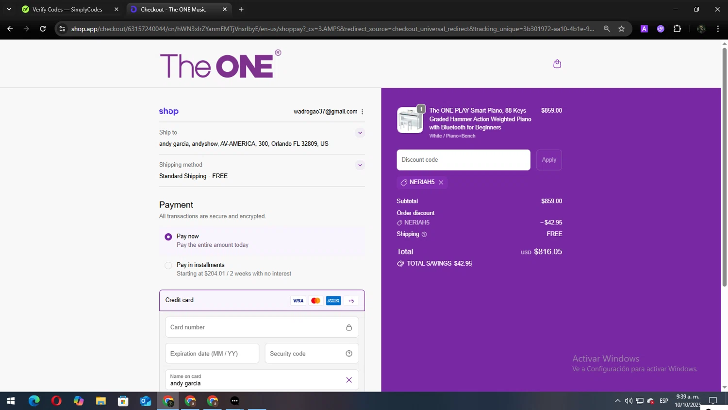 The ONE Music promo code screenshot showing code NERIAH5 applied at The ONE Music checkout page. Uploaded by SimplyCodes community member Andy2323 on Oct 10, 2025