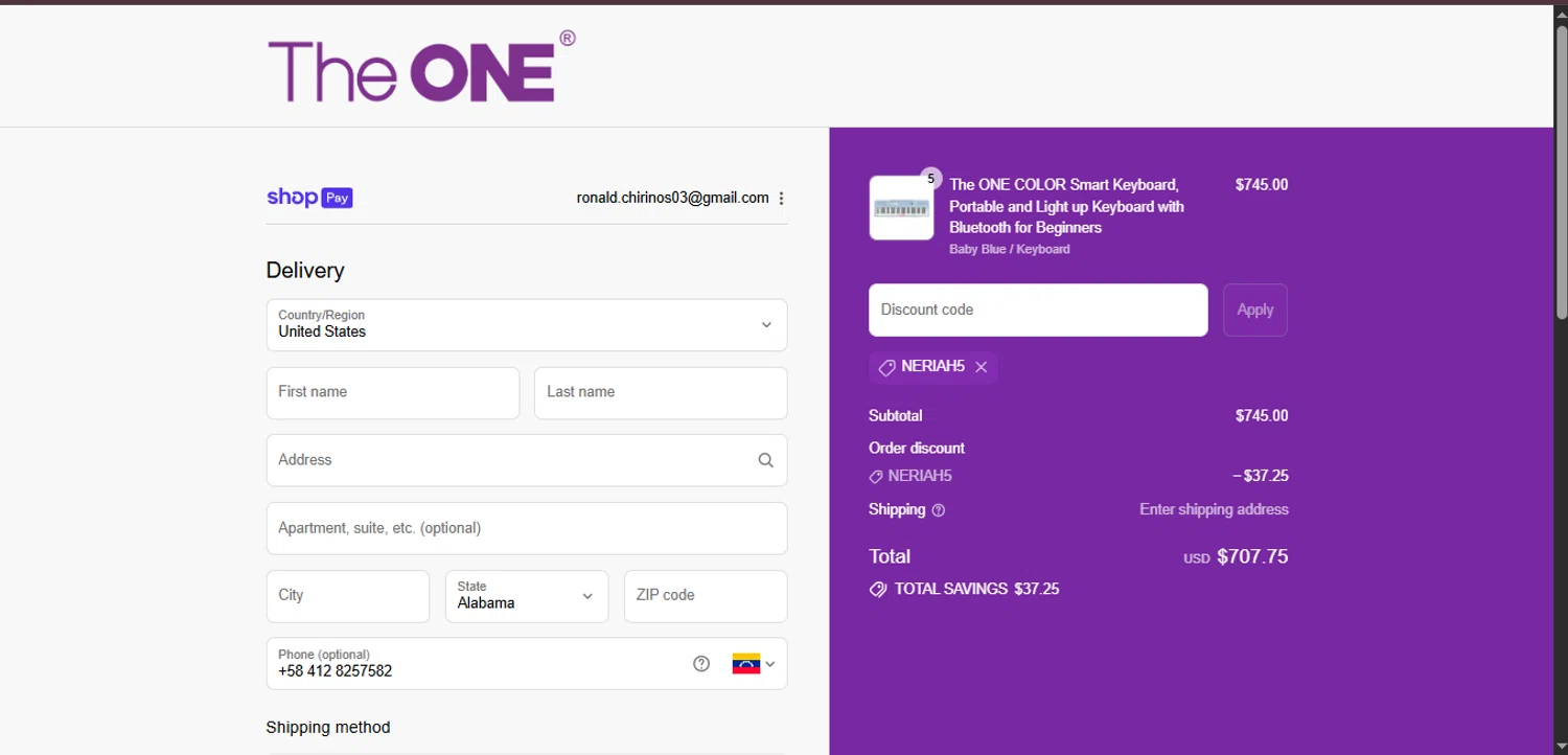 The ONE Music promo code screenshot showing code NERIAH5 applied at The ONE Music checkout page. Uploaded by SimplyCodes community member ValiantMaverick169 on Aug 26, 2025