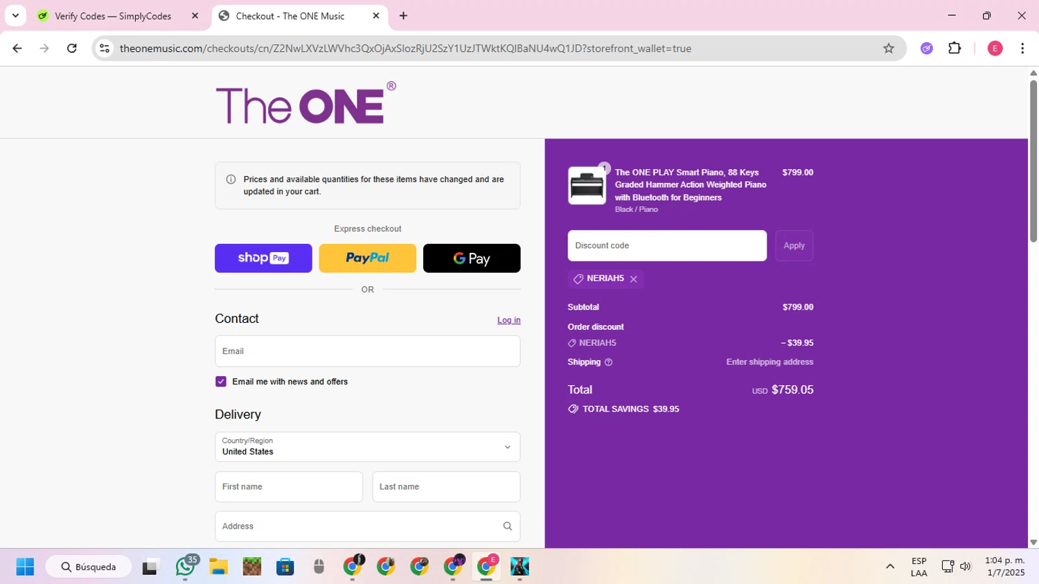 The ONE Music promo code screenshot showing code NERIAH5 applied at The ONE Music checkout page. Uploaded by SimplyCodes community member VoucherExpert2930 on Jul 1, 2025