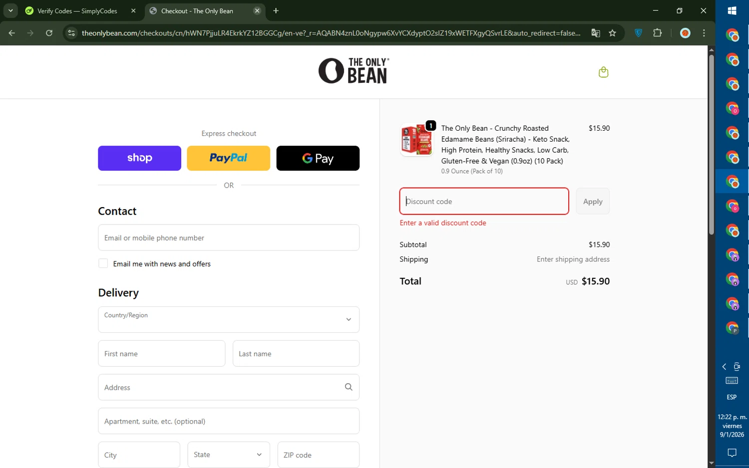 The Only Bean discount code screenshot showing code THANKYOU15 applied at The Only Bean checkout page. Uploaded by SimplyCodes community member DealTiger9869 on Jan 9, 2026