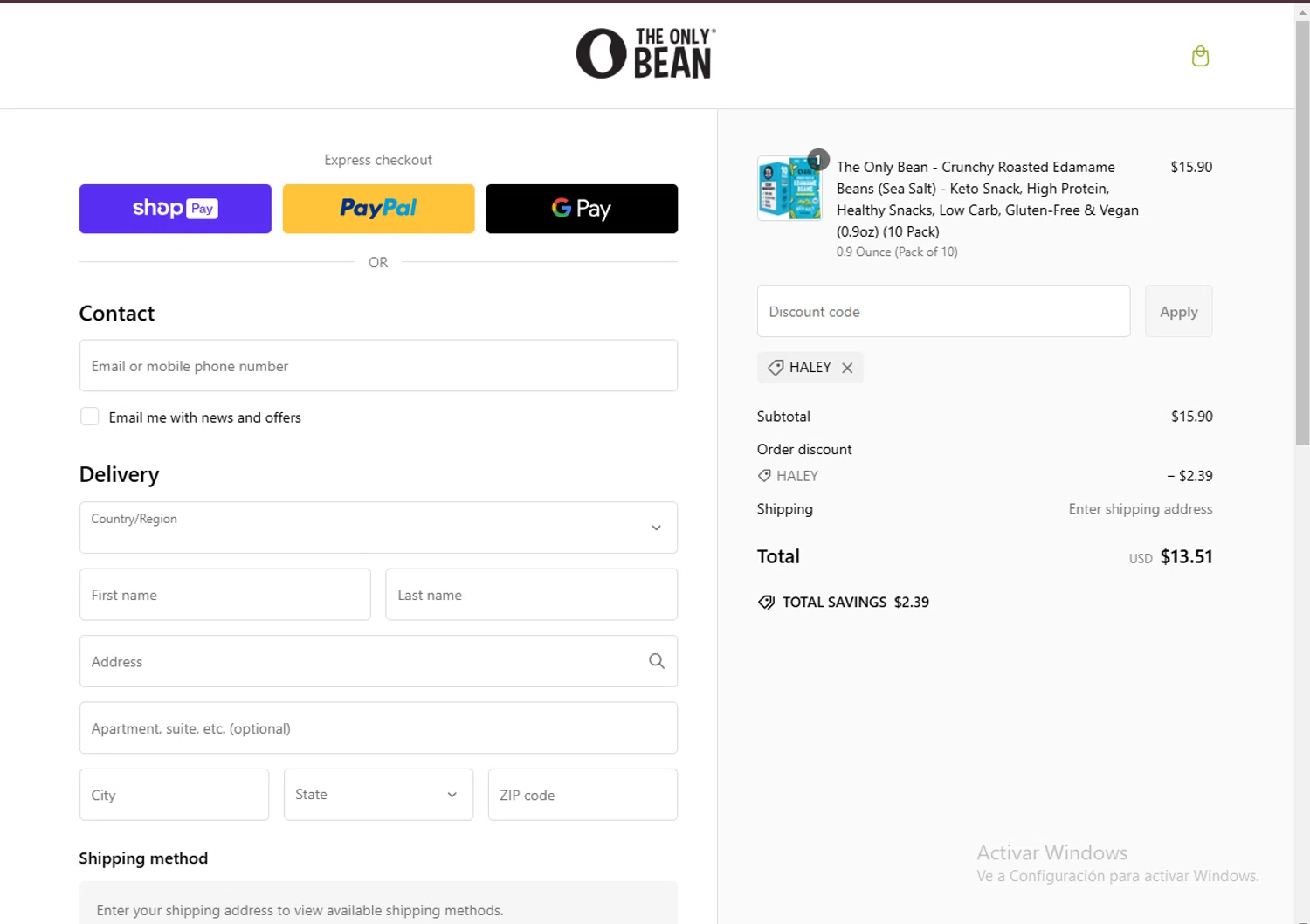 The Only Bean checkout page showing The Only Bean discount code box | Screenshot taken by SimplyCodes community member on Feb 16, 2025