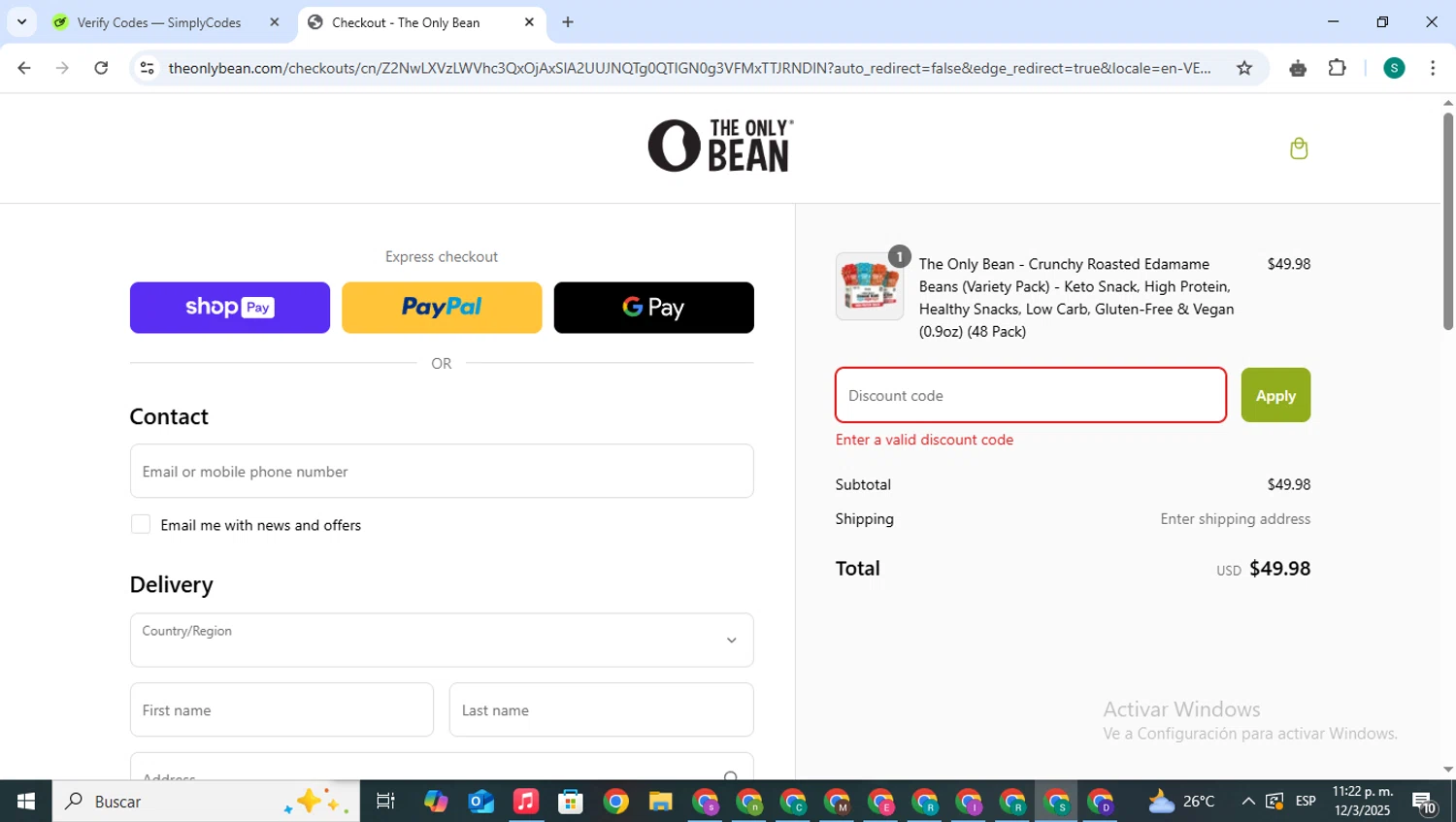 The Only Bean discount code screenshot showing code CHRISLNEGRON15 applied at The Only Bean checkout page. Uploaded by SimplyCodes community member VictoriousPilot5281 on Mar 13, 2025
