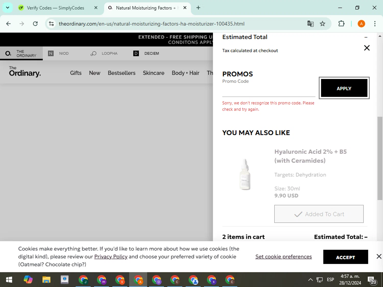 The Ordinary promo code screenshot showing code  applied at The Ordinary checkout page. Uploaded by SimplyCodes community member TreasureFox8596 on Dec 28, 2024