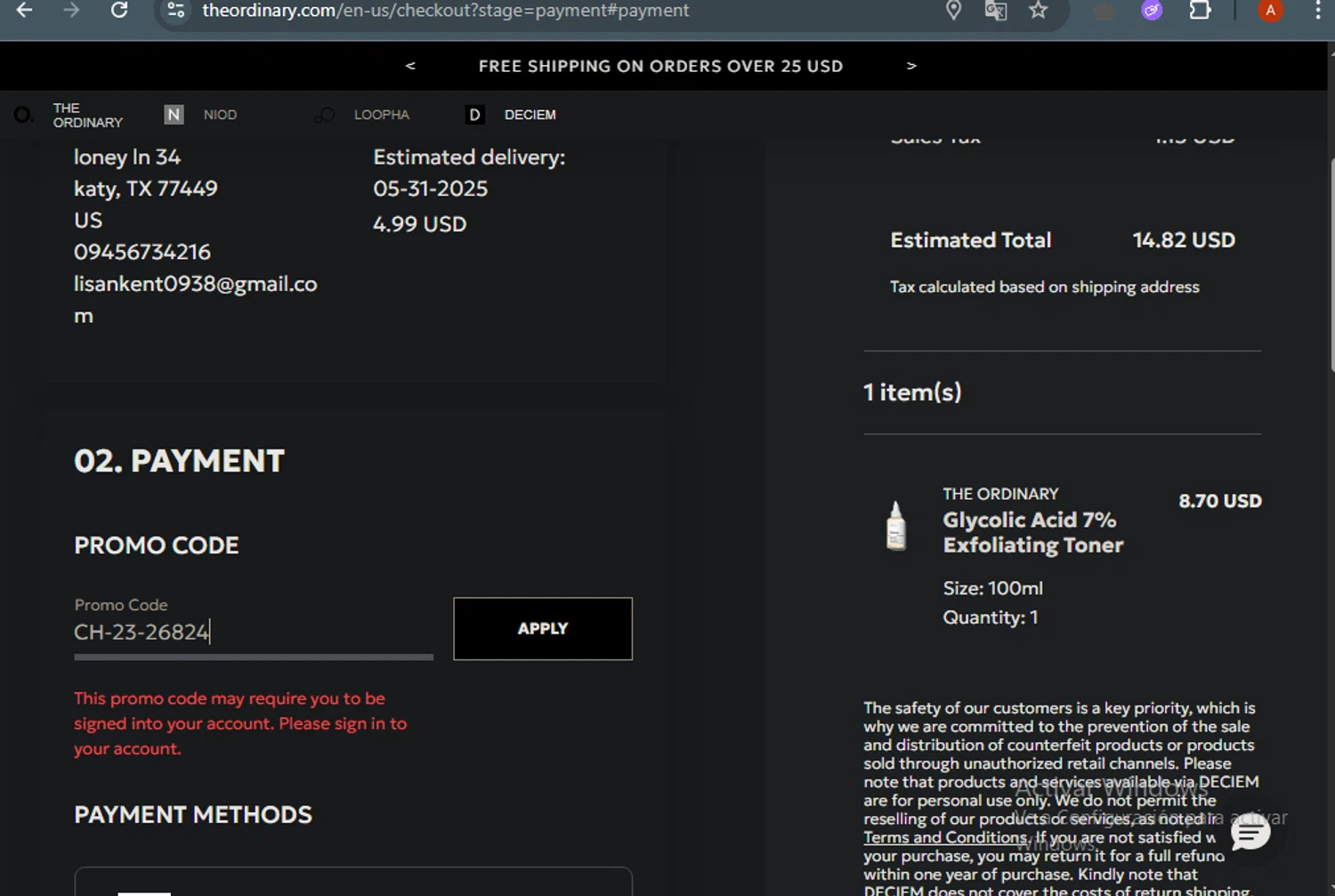 The Ordinary promo code screenshot showing code CH-23-26824 applied at The Ordinary checkout page. Uploaded by SimplyCodes community member ThriftyLegend5118 on May 24, 2025