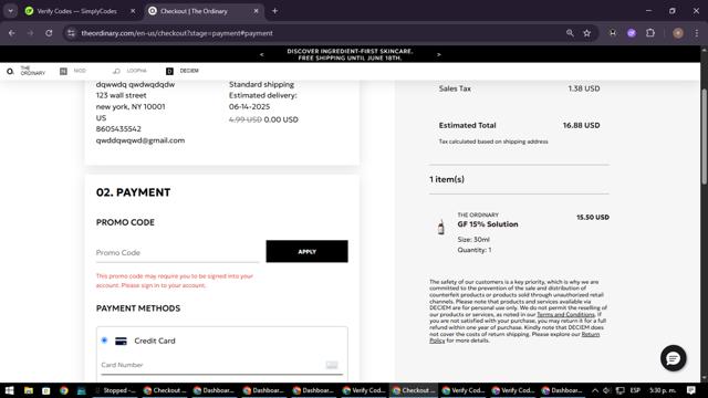The Ordinary checkout page showing The Ordinary promo code box | Screenshot taken by SimplyCodes community member on Jun 9, 2025