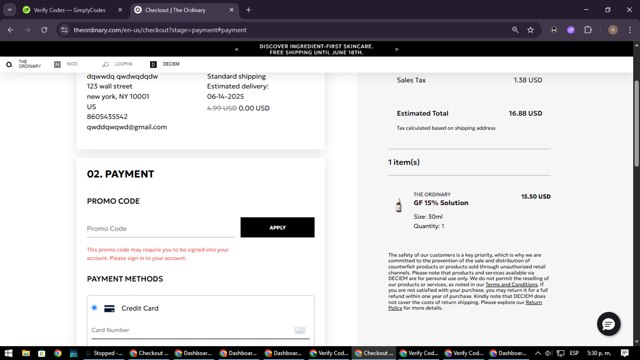 The Ordinary checkout page showing The Ordinary promo code box | Screenshot taken by SimplyCodes community member on Jun 9, 2025