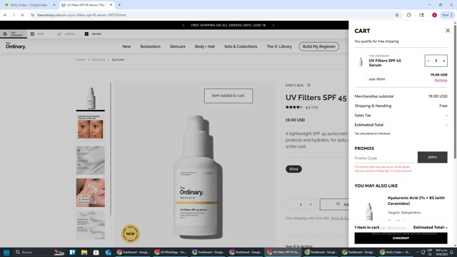 The Ordinary checkout page showing The Ordinary promo code box | Screenshot taken by SimplyCodes community member on Jun 14, 2025
