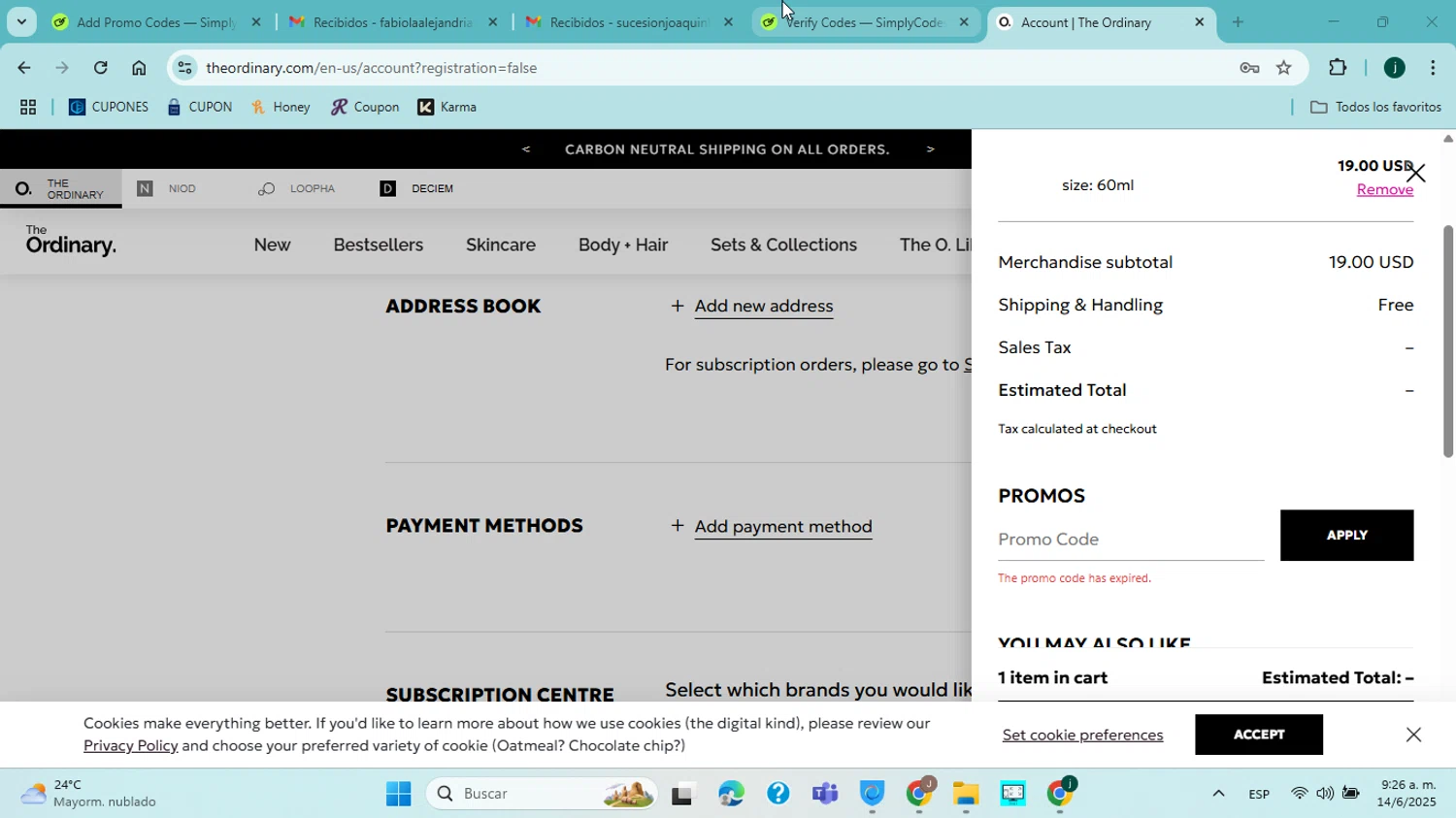 The Ordinary promo code screenshot showing code EARLYADOPTER applied at The Ordinary checkout page. Uploaded by SimplyCodes community member jorgejavierherrera on Jun 14, 2025