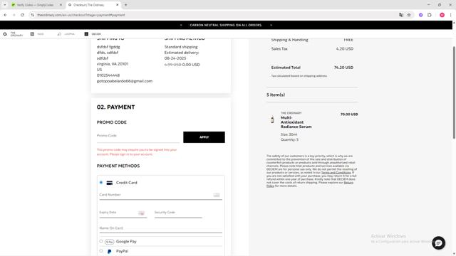 The Ordinary checkout page showing The Ordinary promo code box | Screenshot taken by SimplyCodes community member on Aug 16, 2025