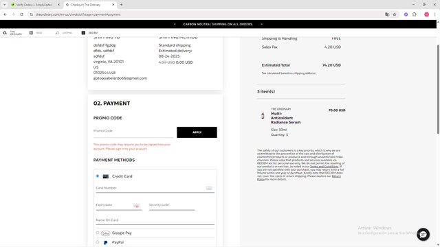 The Ordinary checkout page showing The Ordinary promo code box | Screenshot taken by SimplyCodes community member on Aug 16, 2025