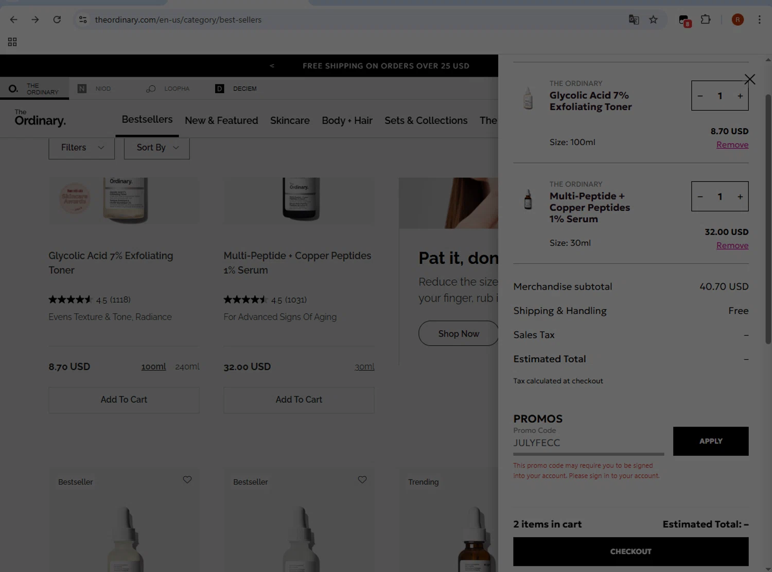 The Ordinary promo code screenshot showing code JULYFECC applied at The Ordinary checkout page. Uploaded by SimplyCodes community member ShieldMonarch1065 on Aug 19, 2025