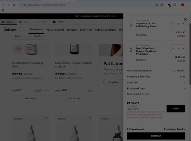 The Ordinary checkout page showing The Ordinary promo code box | Screenshot taken by SimplyCodes community member on Aug 19, 2025