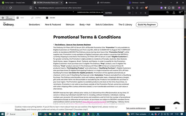 The Ordinary checkout page showing The Ordinary promo code box | Screenshot taken by SimplyCodes community member on Aug 12, 2025