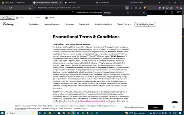 The Ordinary checkout page showing The Ordinary promo code box | Screenshot taken by SimplyCodes community member on Aug 12, 2025