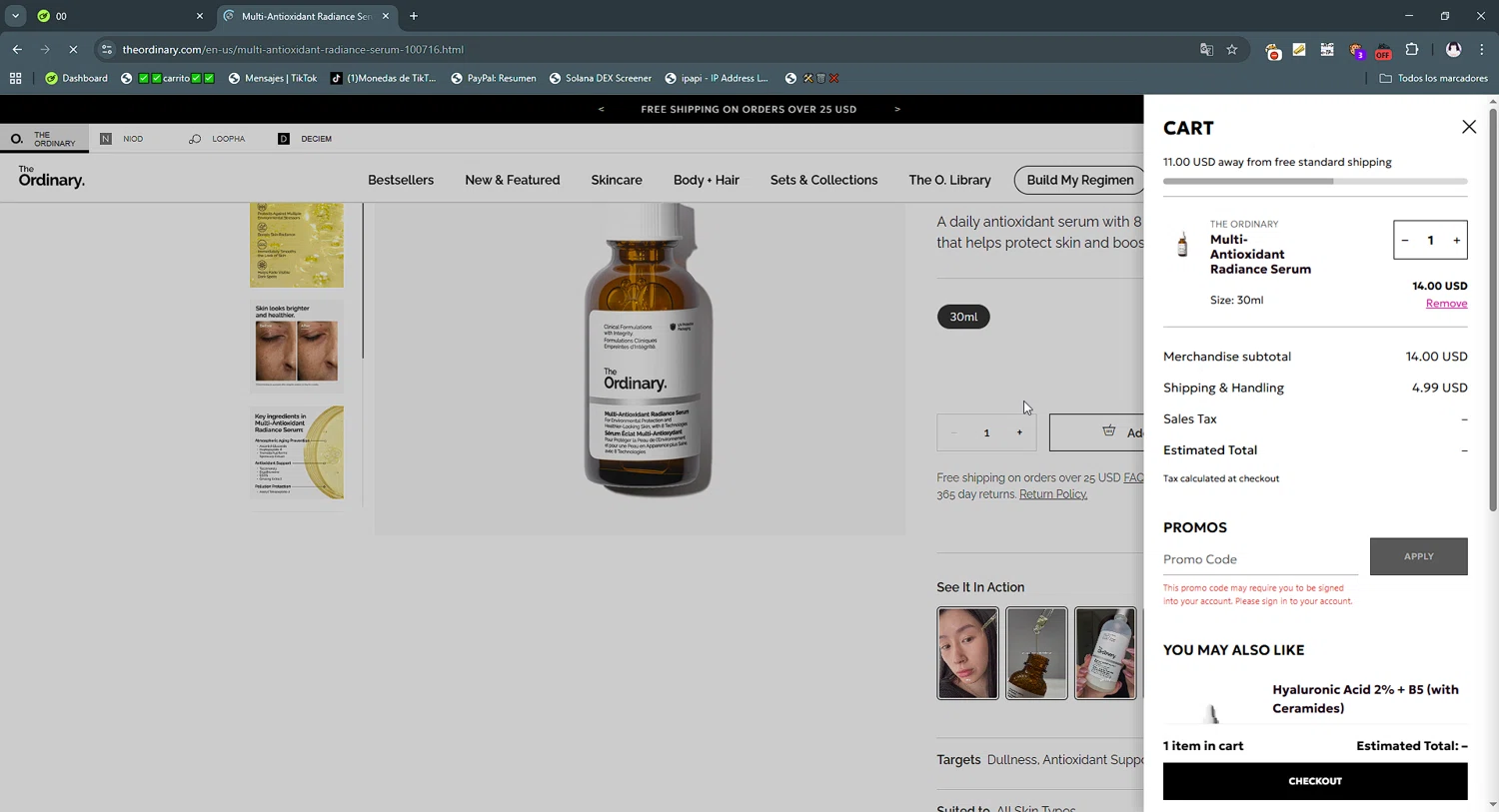 The Ordinary promo code screenshot showing code JULYFECC applied at The Ordinary checkout page. Uploaded by SimplyCodes community member gribethr on Aug 22, 2025