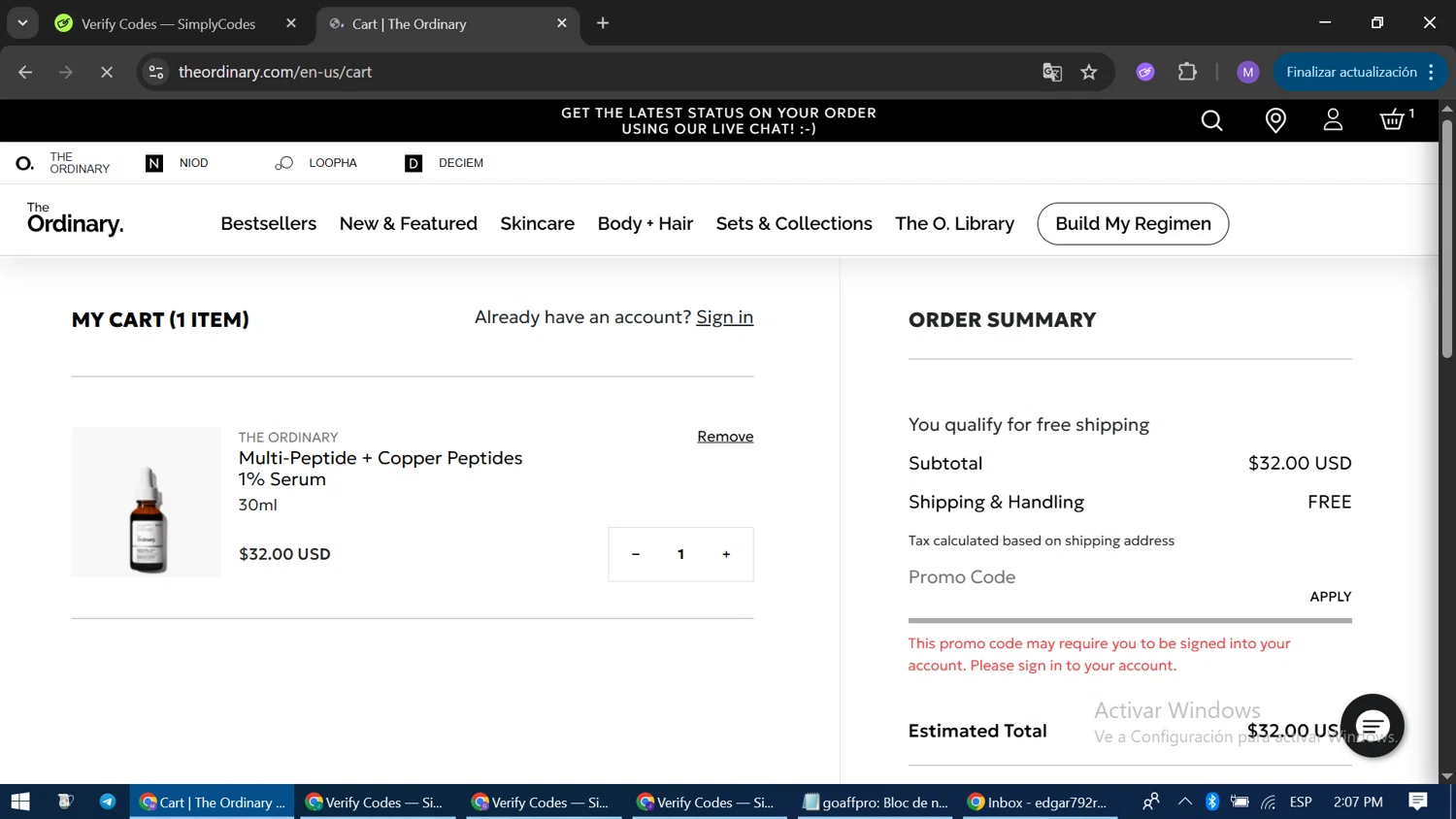 The Ordinary promo code screenshot showing code NIAGIFT applied at The Ordinary checkout page. Uploaded by SimplyCodes community member CodeLegend9632 on Oct 7, 2025
