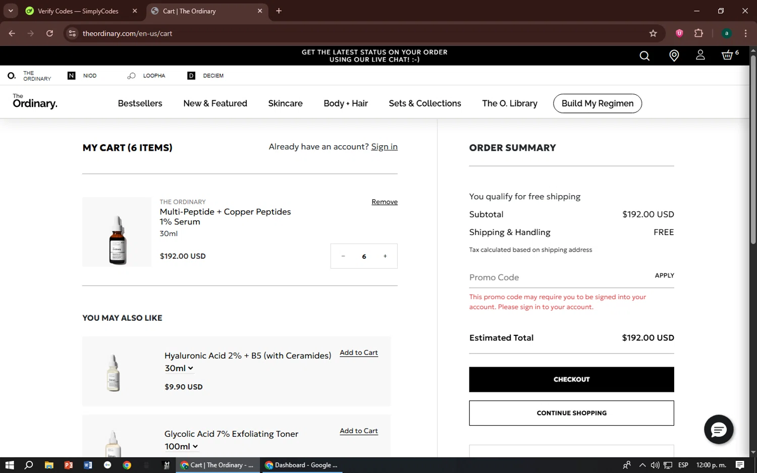 The Ordinary promo code screenshot showing code NIAGIFT applied at The Ordinary checkout page. Uploaded by SimplyCodes community member zizu55 on Oct 7, 2025