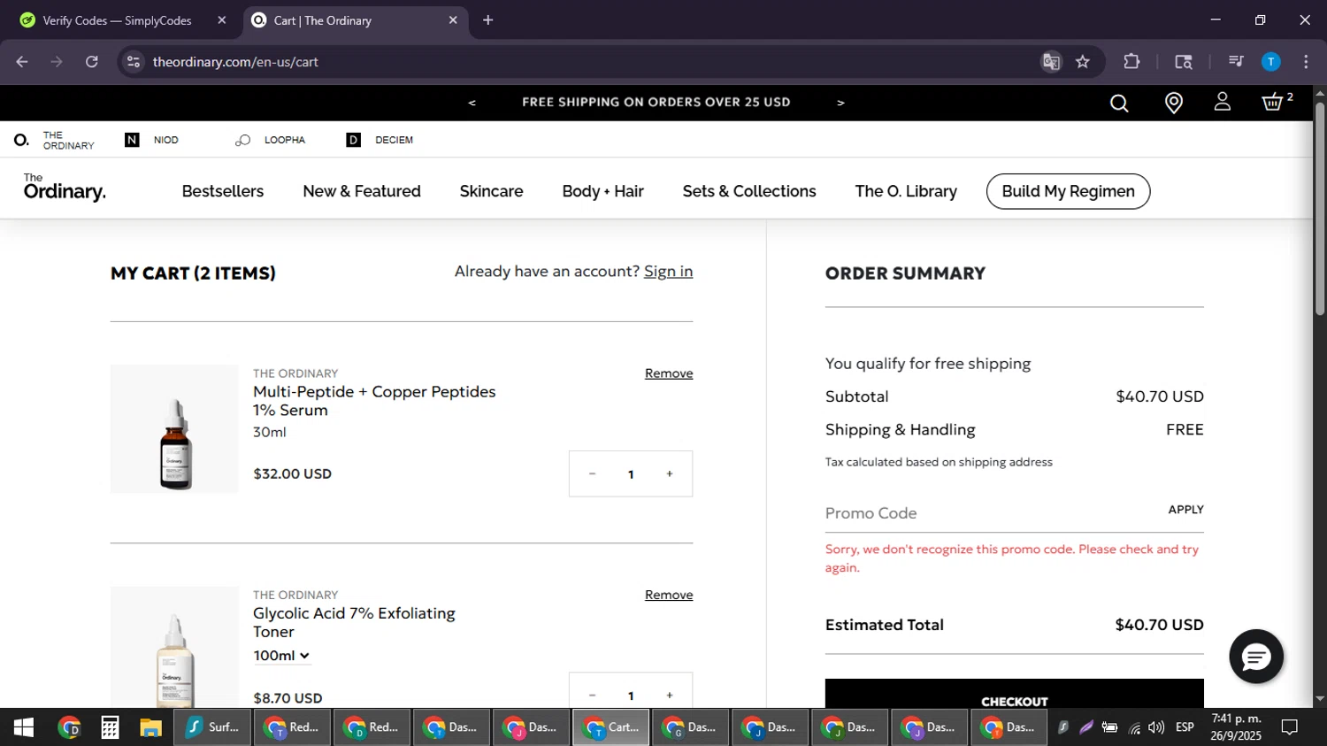 The Ordinary promo code screenshot showing code 10OFFJUN applied at The Ordinary checkout page. Uploaded by SimplyCodes community member LuckyPioneer4530 on Sep 26, 2025