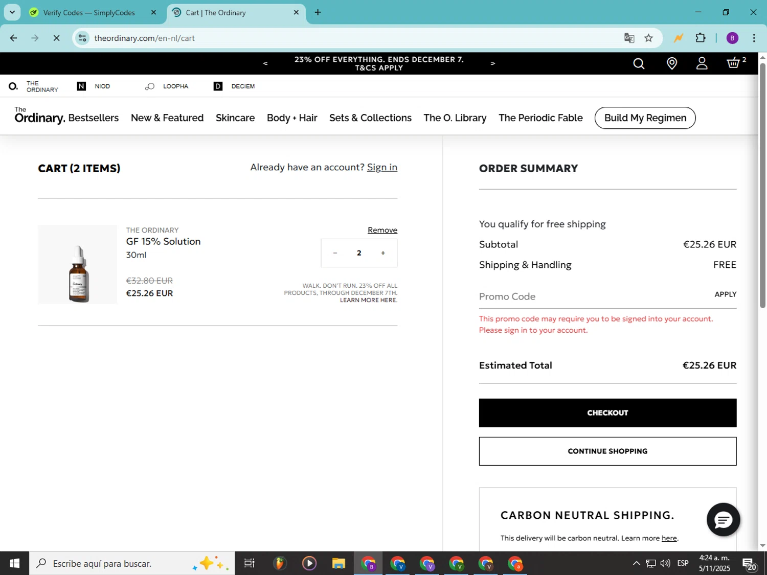 The Ordinary promo code screenshot showing code EXPLORATION applied at The Ordinary checkout page. Uploaded by SimplyCodes community member Soyvictor on Nov 5, 2025