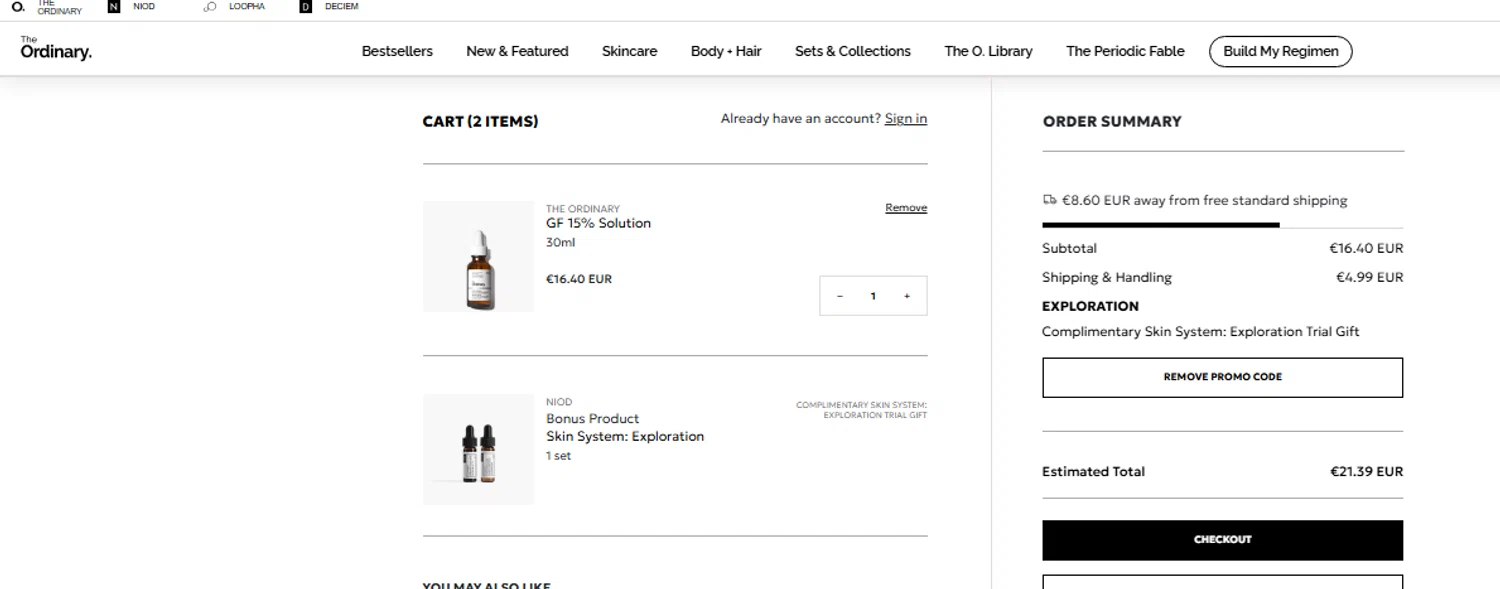 The Ordinary checkout page showing The Ordinary promo code box | Screenshot taken by SimplyCodes community member on Oct 24, 2025