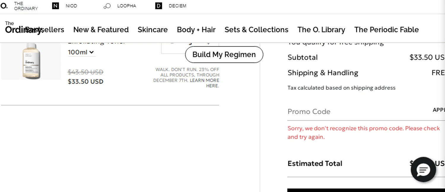The Ordinary promo code screenshot showing code NAYAB10 applied at The Ordinary checkout page. Uploaded by SimplyCodes community member MOYSEY007 on Nov 7, 2025