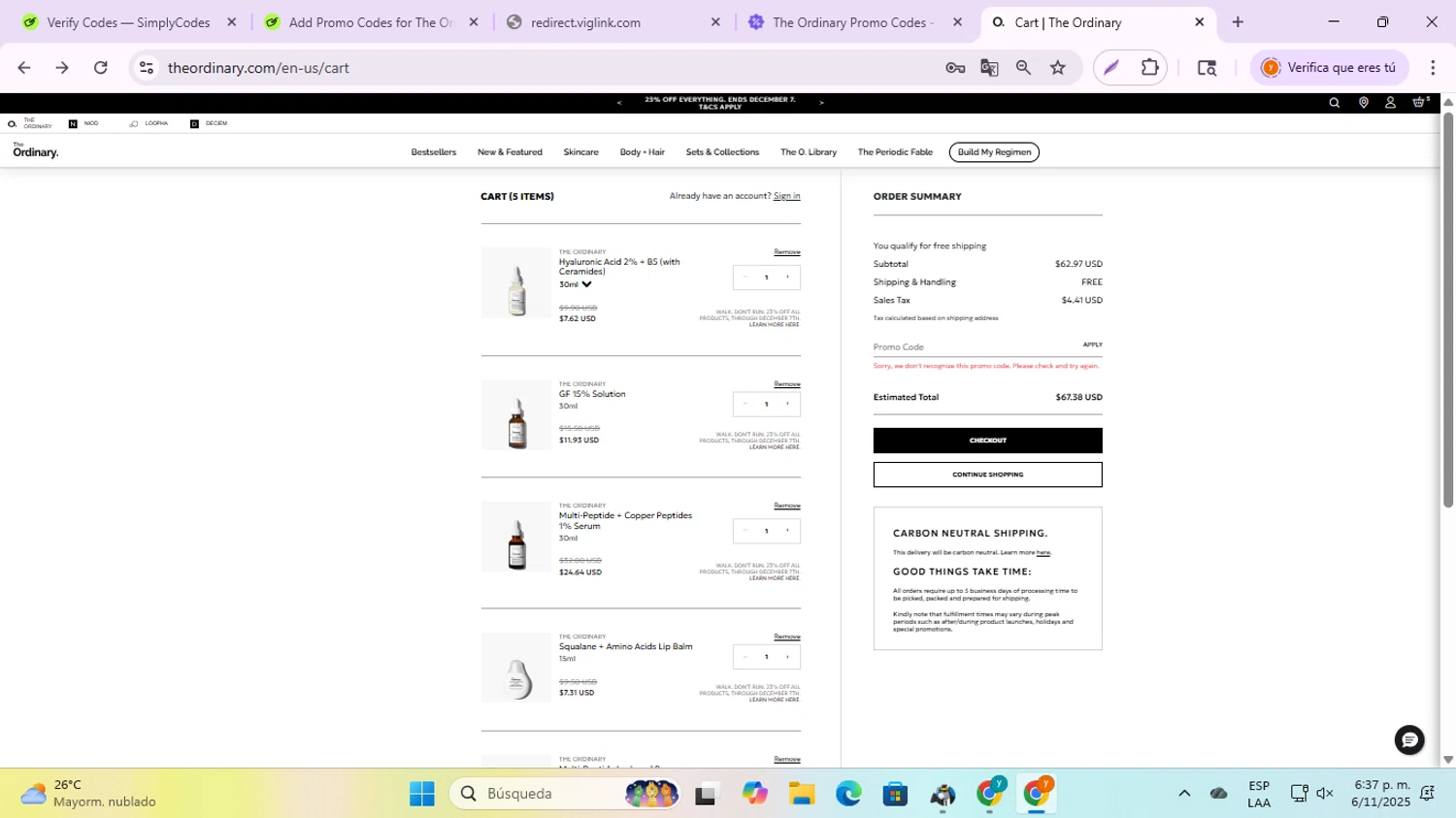 The Ordinary promo code screenshot showing code NAYAB10 applied at The Ordinary checkout page. Uploaded by SimplyCodes community member jesusalvarez1 on Nov 6, 2025