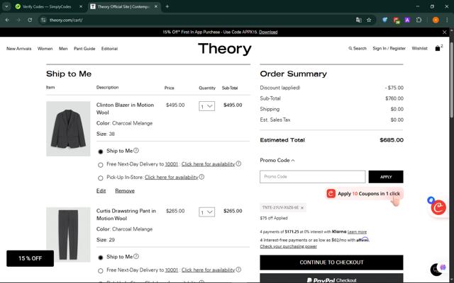 Theory checkout page showing Theory promo code box | Screenshot taken by SimplyCodes community member on Sep 10, 2025