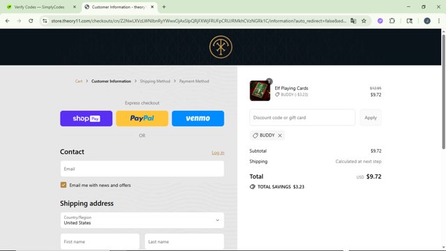 theory11 checkout page showing theory11 discount code box | Screenshot taken by SimplyCodes community member on Jul 9, 2025