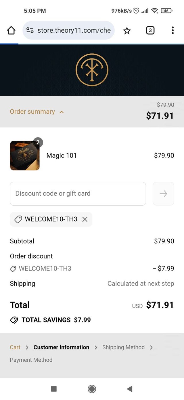 theory11 checkout page showing theory11 discount code box | Screenshot taken by SimplyCodes community member on Jul 20, 2025