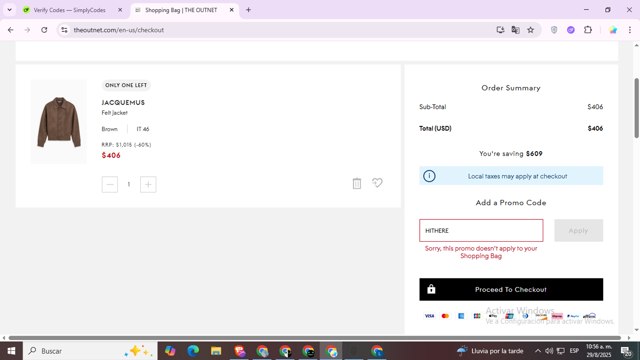 THE OUTNET checkout page showing THE OUTNET promo code box | Screenshot taken by SimplyCodes community member on Aug 29, 2025