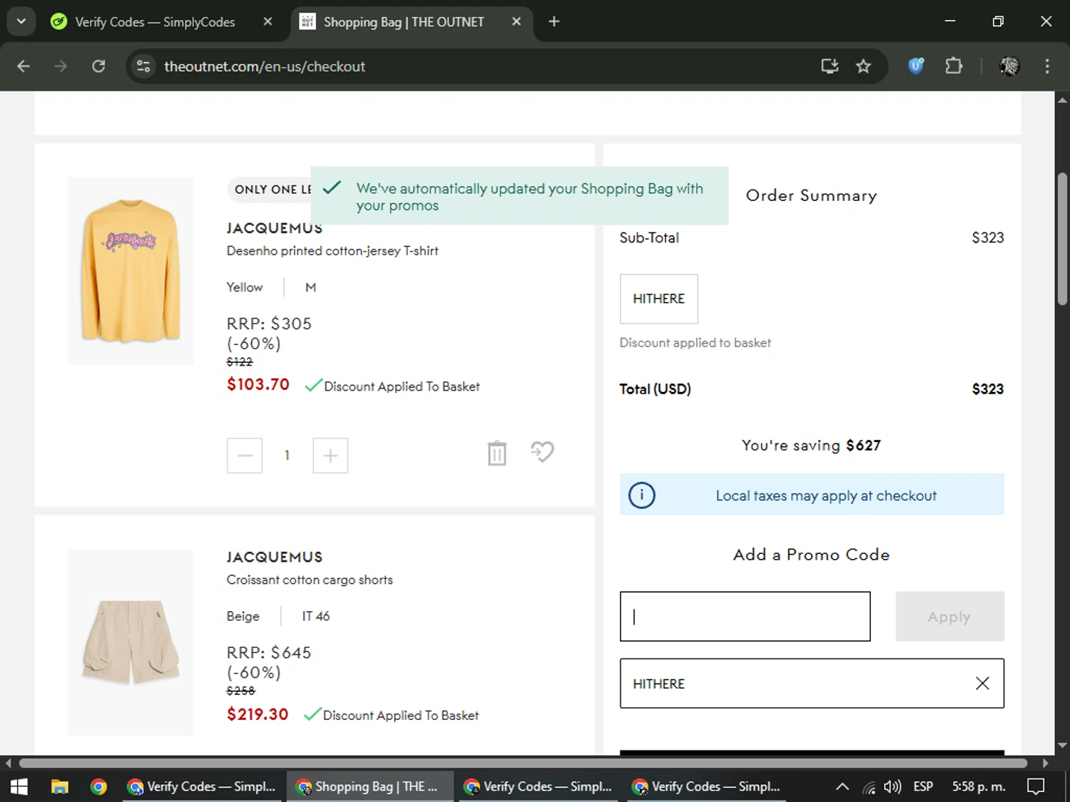 THE OUTNET promo code screenshot showing code HITHERE applied at THE OUTNET checkout page. Uploaded by SimplyCodes community member PrimeKnight6101 on Jan 31, 2026