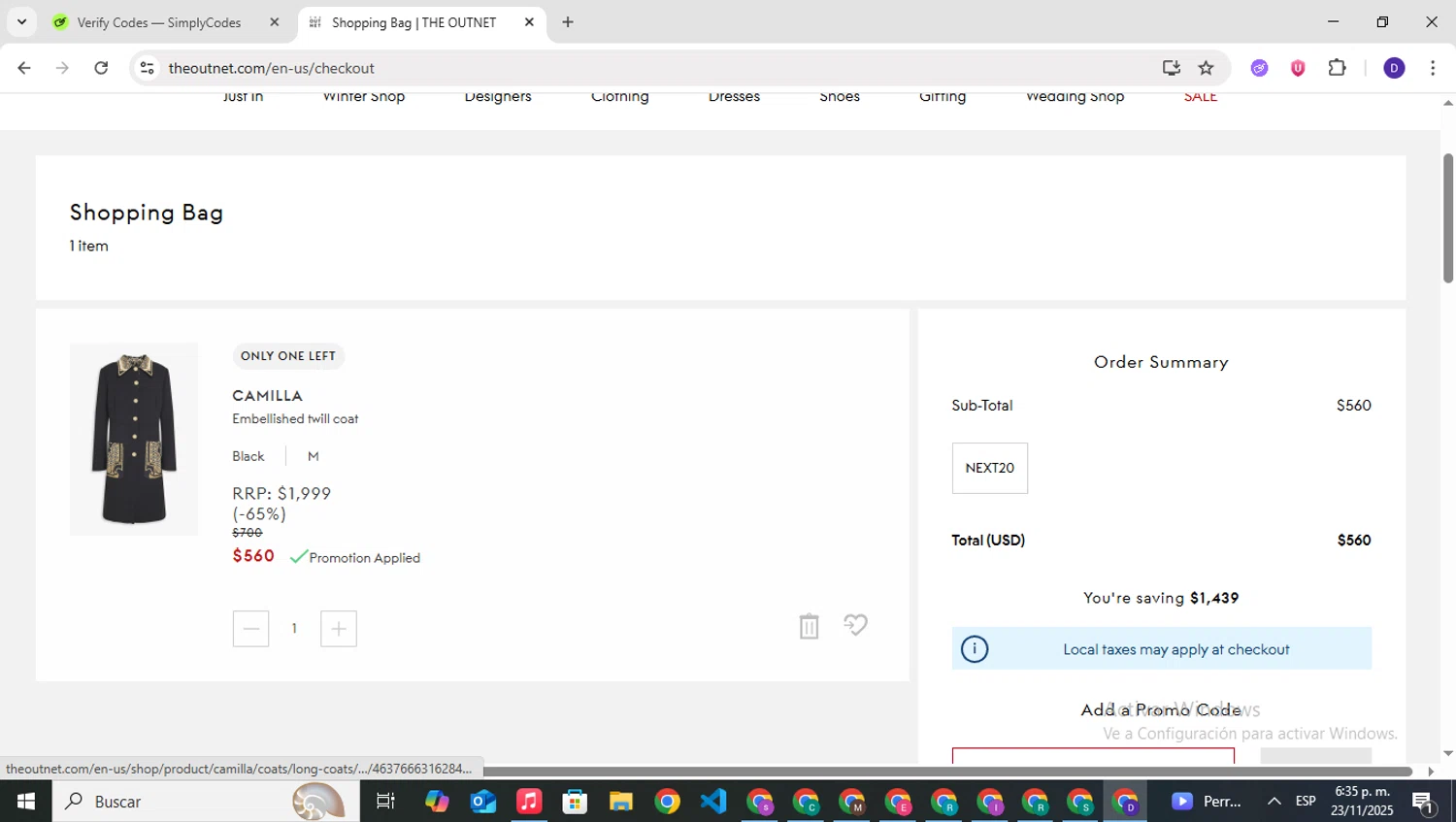 THE OUTNET promo code screenshot showing code NEXT20 applied at THE OUTNET checkout page. Uploaded by SimplyCodes community member PrimeNavigator3251 on Nov 23, 2025