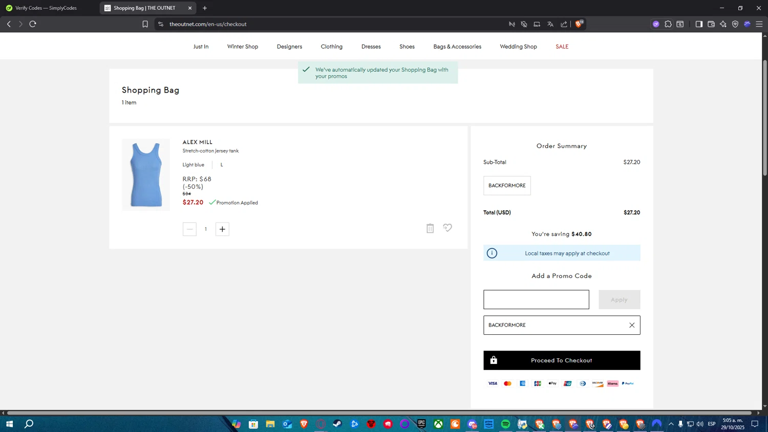 THE OUTNET promo code screenshot showing code BACKFORMORE applied at THE OUTNET checkout page. Uploaded by SimplyCodes community member Nekiro on Oct 29, 2025