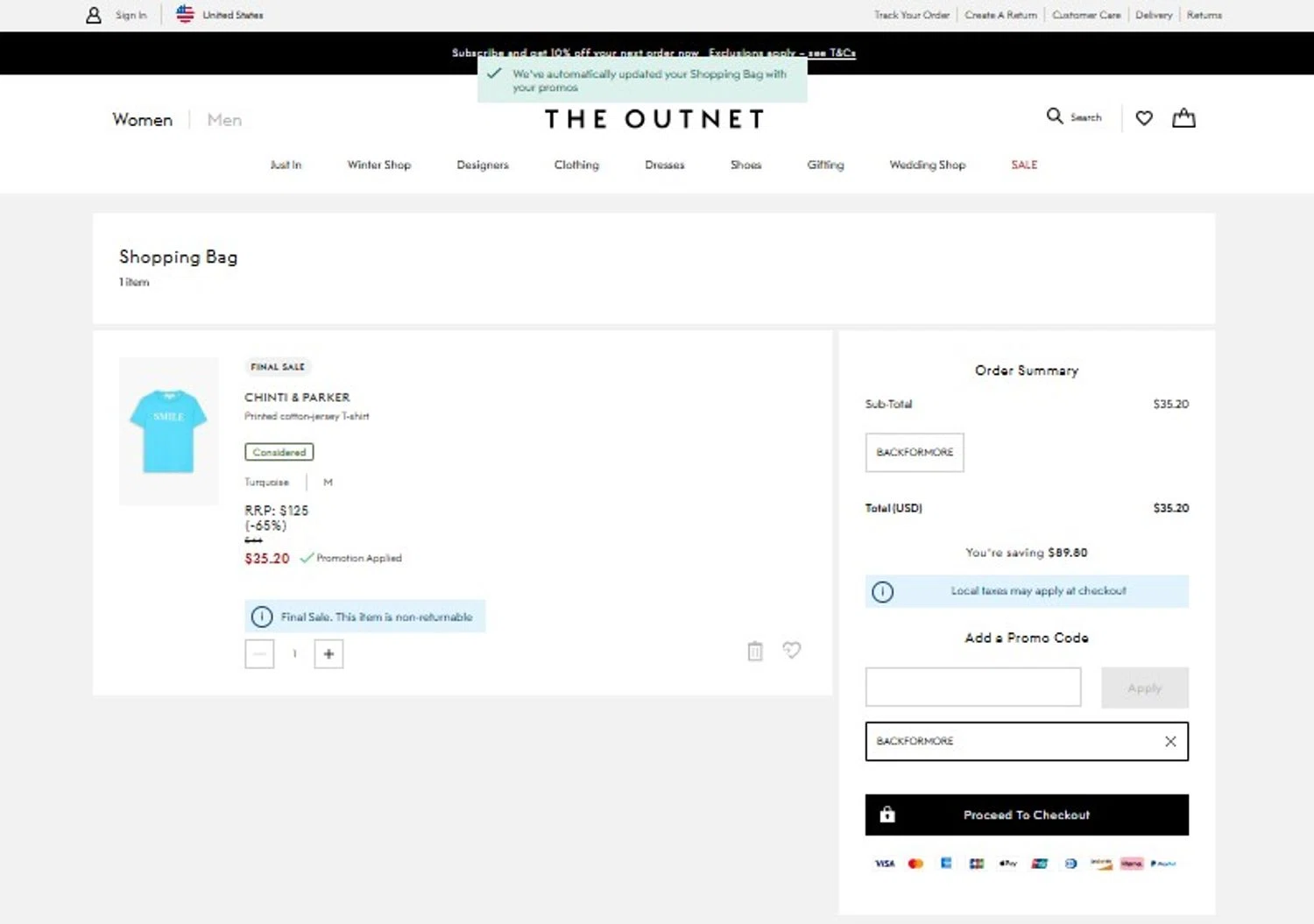THE OUTNET promo code screenshot showing code BACKFORMORE applied at THE OUTNET checkout page. Uploaded by SimplyCodes community member RebatePilot8693 on Nov 6, 2025