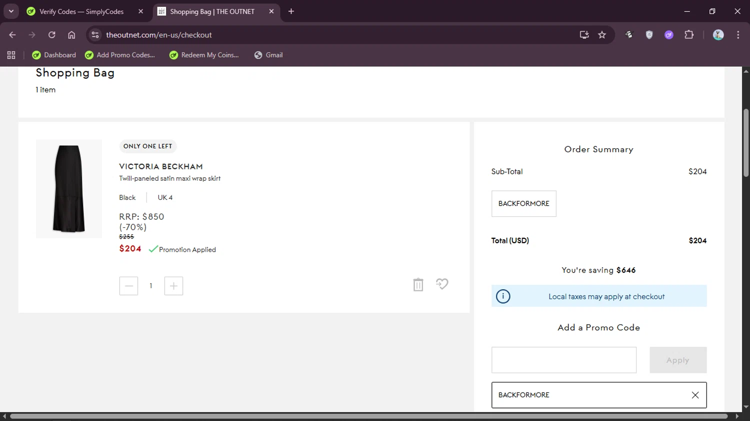 THE OUTNET promo code screenshot showing code BACKFORMORE applied at THE OUTNET checkout page. Uploaded by SimplyCodes community member VENDOCOCA on Nov 17, 2025
