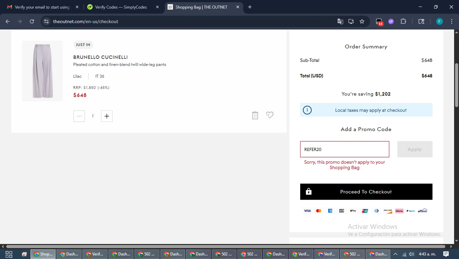THE OUTNET checkout page showing THE OUTNET promo code box | Screenshot taken by SimplyCodes community member on Feb 6, 2026