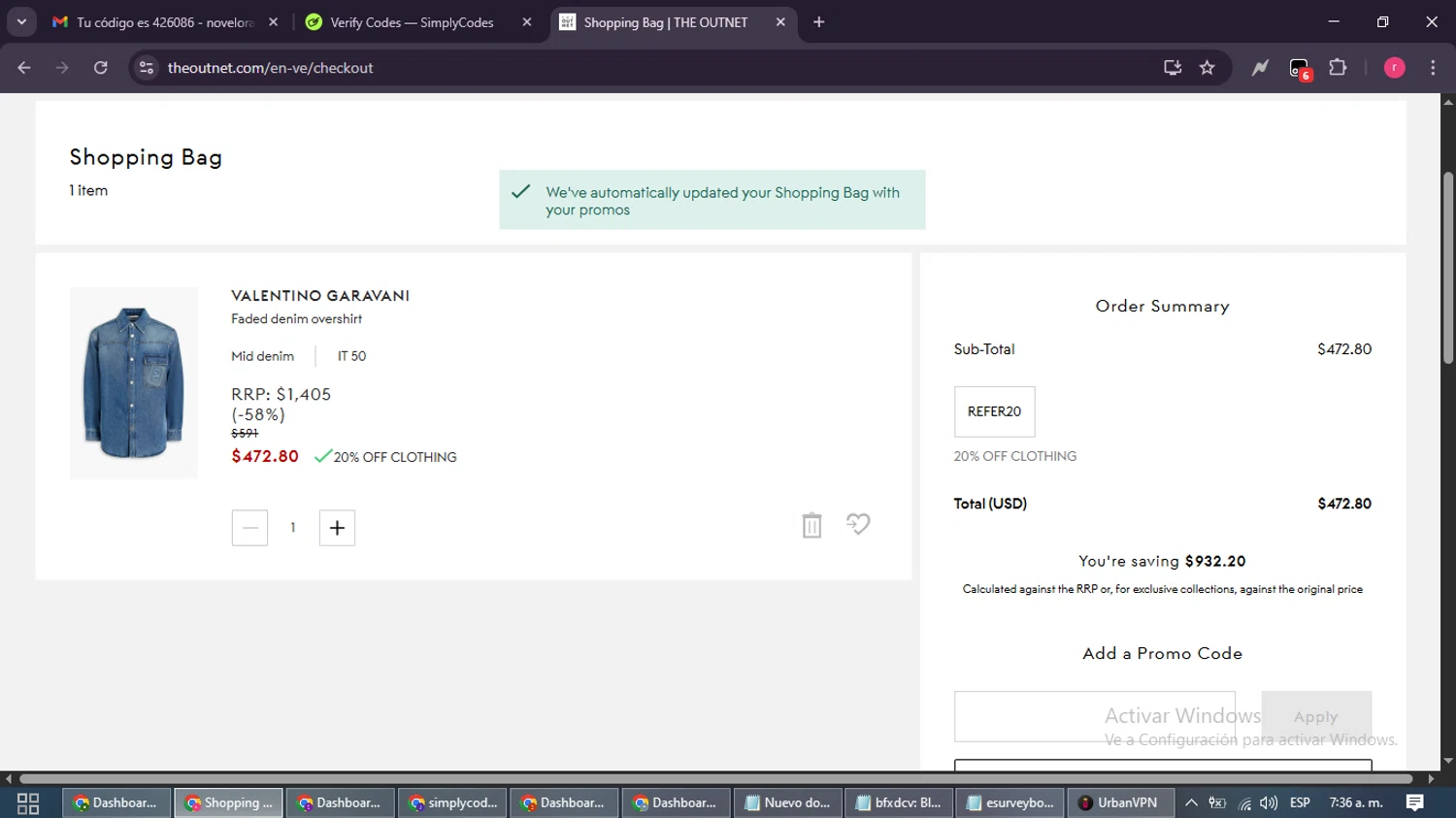 THE OUTNET promo code screenshot showing code REFER20 applied at THE OUTNET checkout page. Uploaded by SimplyCodes community member WisePro3739 on Oct 8, 2025
