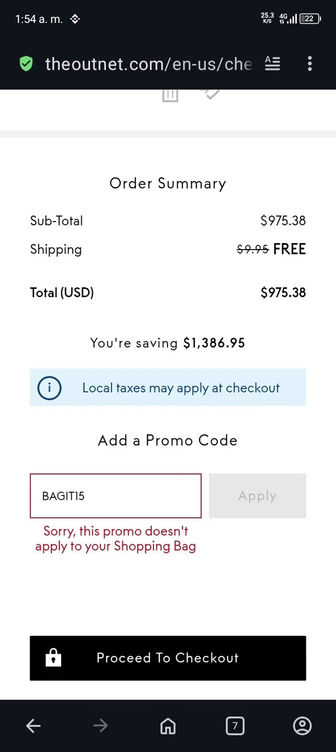 THE OUTNET promo code screenshot showing code BAGIT15 applied at THE OUTNET checkout page. Uploaded by SimplyCodes community member terricameron on Jan 9, 2026