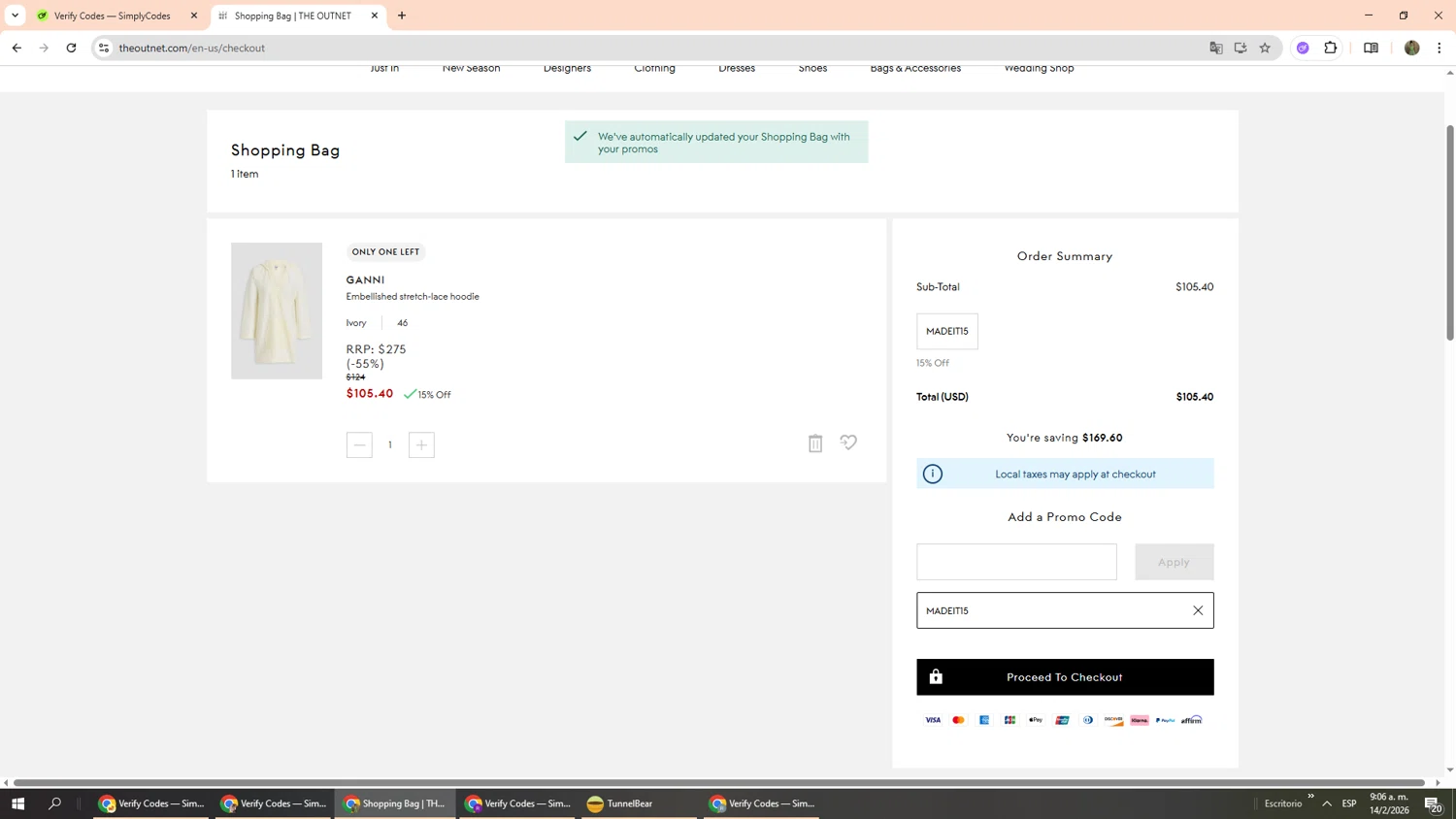 THE OUTNET promo code screenshot showing code MADEIT15 applied at THE OUTNET checkout page. Uploaded by SimplyCodes community member Phoenix585 on Feb 14, 2026