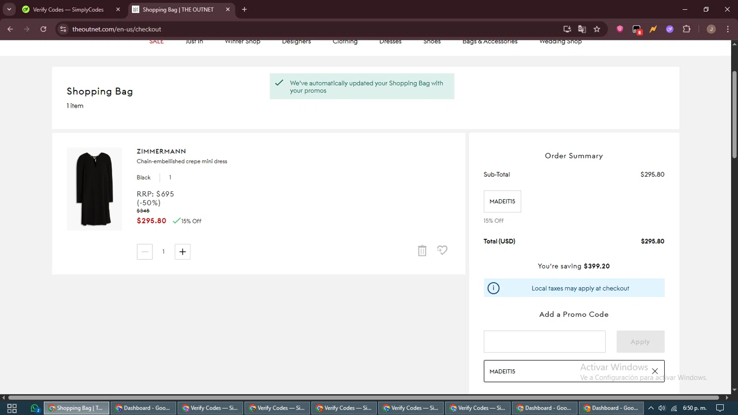 THE OUTNET promo code screenshot showing code MADEIT15 applied at THE OUTNET checkout page. Uploaded by SimplyCodes community member ShrewdAdmiral5920 on Oct 25, 2025