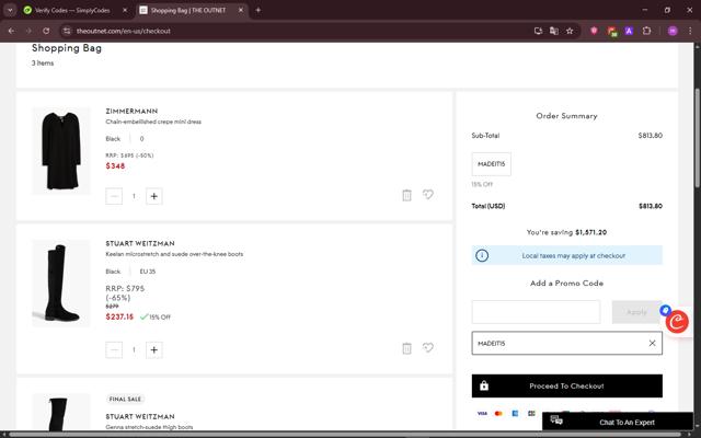 THE OUTNET checkout page showing THE OUTNET promo code box | Screenshot taken by SimplyCodes community member on Sep 26, 2025